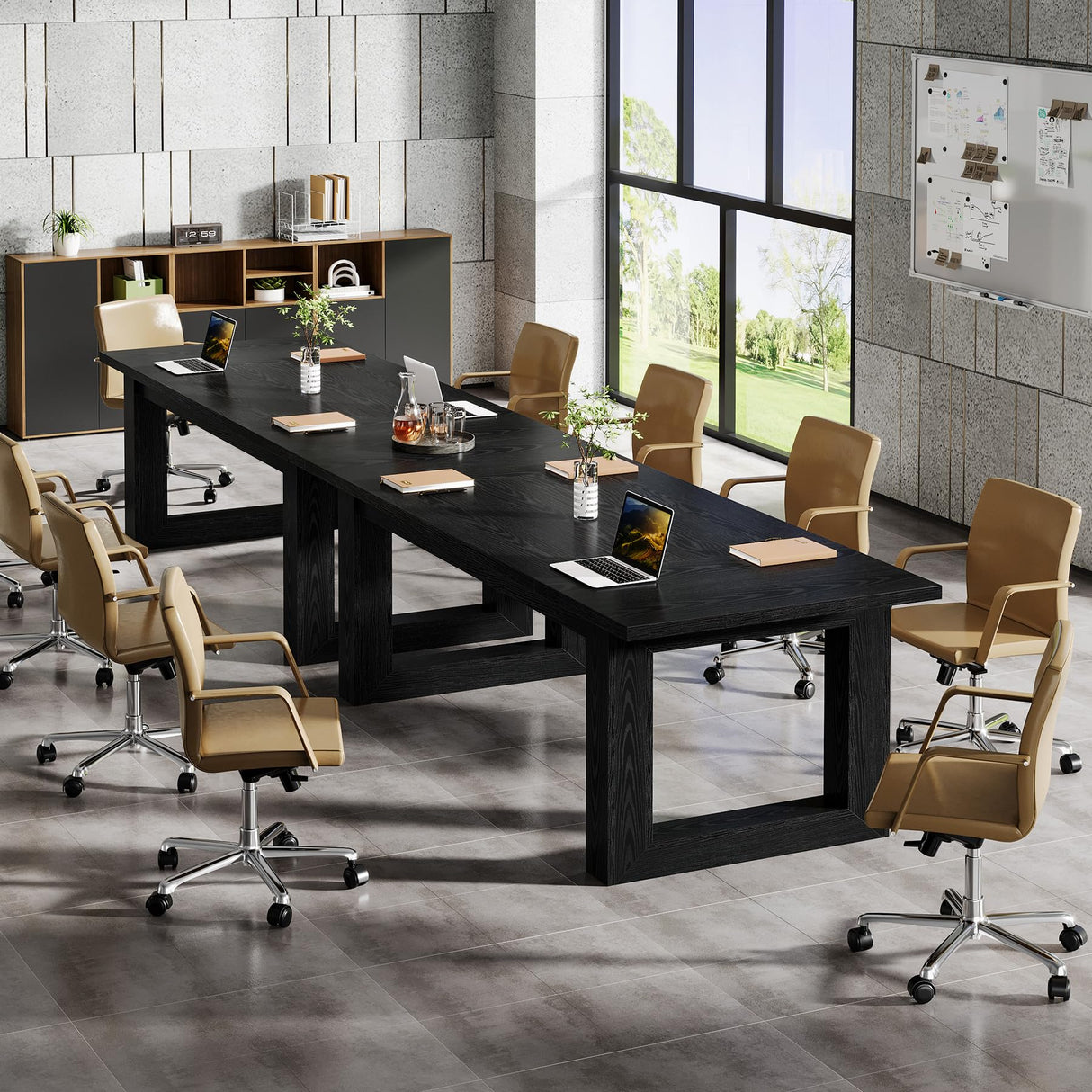 Tribesigns Conference Table, Modern Office Meeting Table, 5 ft Conference Room Table with Solid Wooden Base, Large Rectangular Business Furniture Seminar for Boardroom (1, Black) Tribesigns