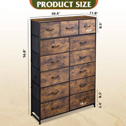 WLIVE Tall Dresser for Bedroom with 13 Drawers, Storage Dresser Organizer Unit, Fabric Dresser for Bedroom, Closet, Chest of Drawers, Steel Frame, Wood Top, Rustic Brown Wood Grain Print - WoodArtSupply