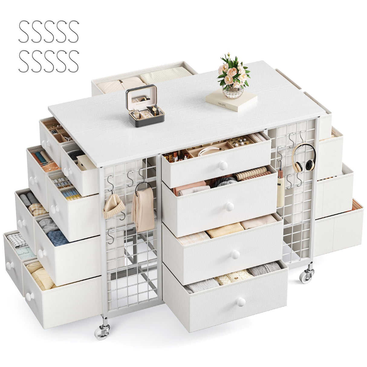 EnHomee White Closet Island with 24 Drawers,Wardrobe Armoire Bedroom Closet Drawer with Wheels & 40"* 23" Wide Wooden Top, White Drawer Dresser for Cloakroom,Dressing Room,White EnHomee