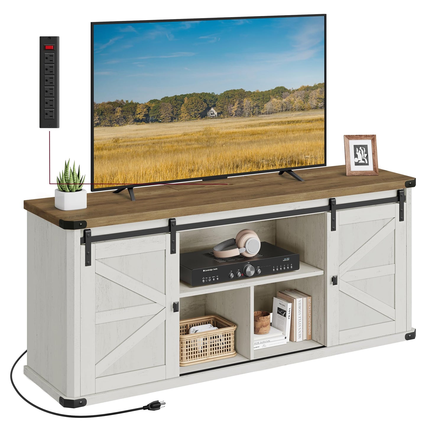 VASAGLE TV Stand for TVs up to 65 Inches, Farmhouse Entertainment Center with Sliding Barn Doors, TV Console Table for Living Room, Rustic White and Honey Brown ULTV324W73