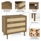 HOPUBUY 3 Drawer Dresser for Bedroom, Rattan Dresser Modern Closet Dressers Chest of Drawers, Wood Brown 3 Drawer Storage Chest for Kids Bedroom, Hallway, Living Room HOPUBUY