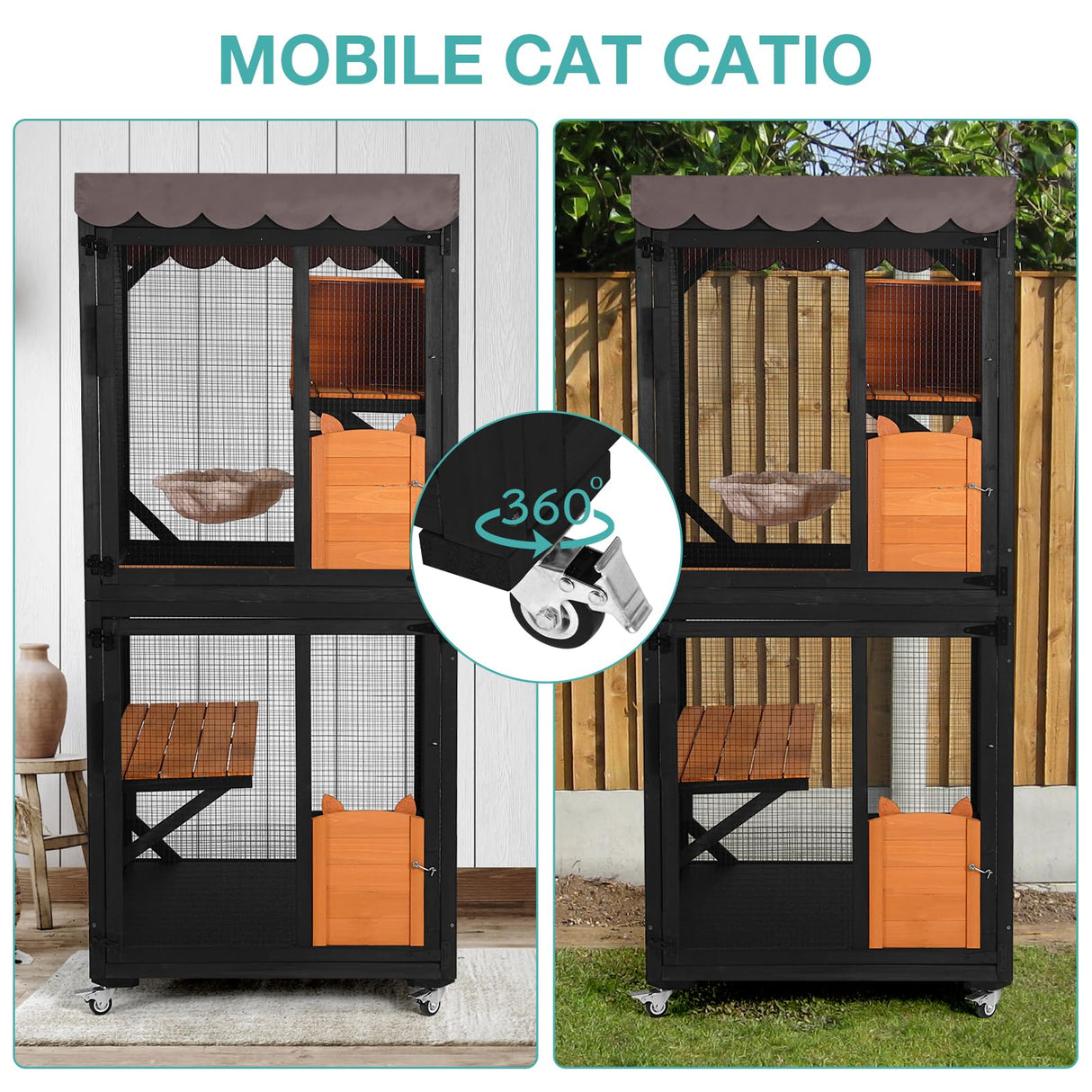 Catio Outdoor Cat Enclosure,Cat House with Wheels,Upgraded cat Scratching Post，Resting Box,Waterproof Roof for Patio Garden (Black, 31.5" L x 31.5" W x 70.9" H) Suumerpety