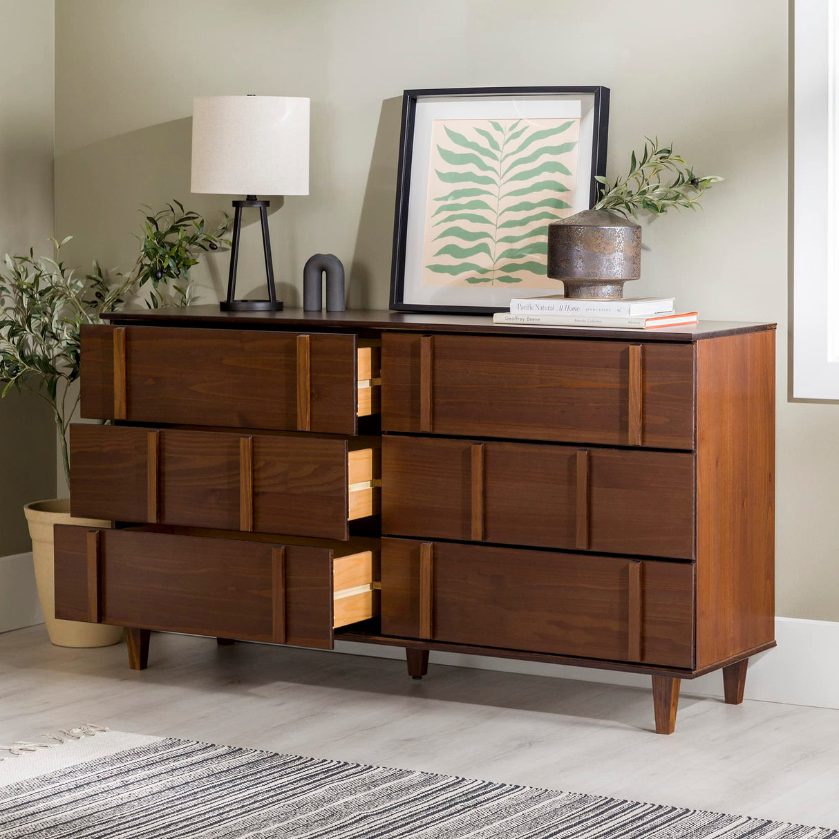 Walker Edison Contemporary Detailed 6-Drawer Solid Wood Dresser, 60 Inch, Walnut-T Walker Edison