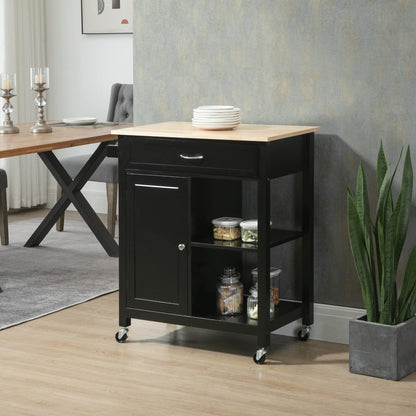 HOMCOM Kitchen Island Cart, Rolling Kitchen Island with Storage Shelf, Solid Wood Top, Drawer, for Dining Room, Black