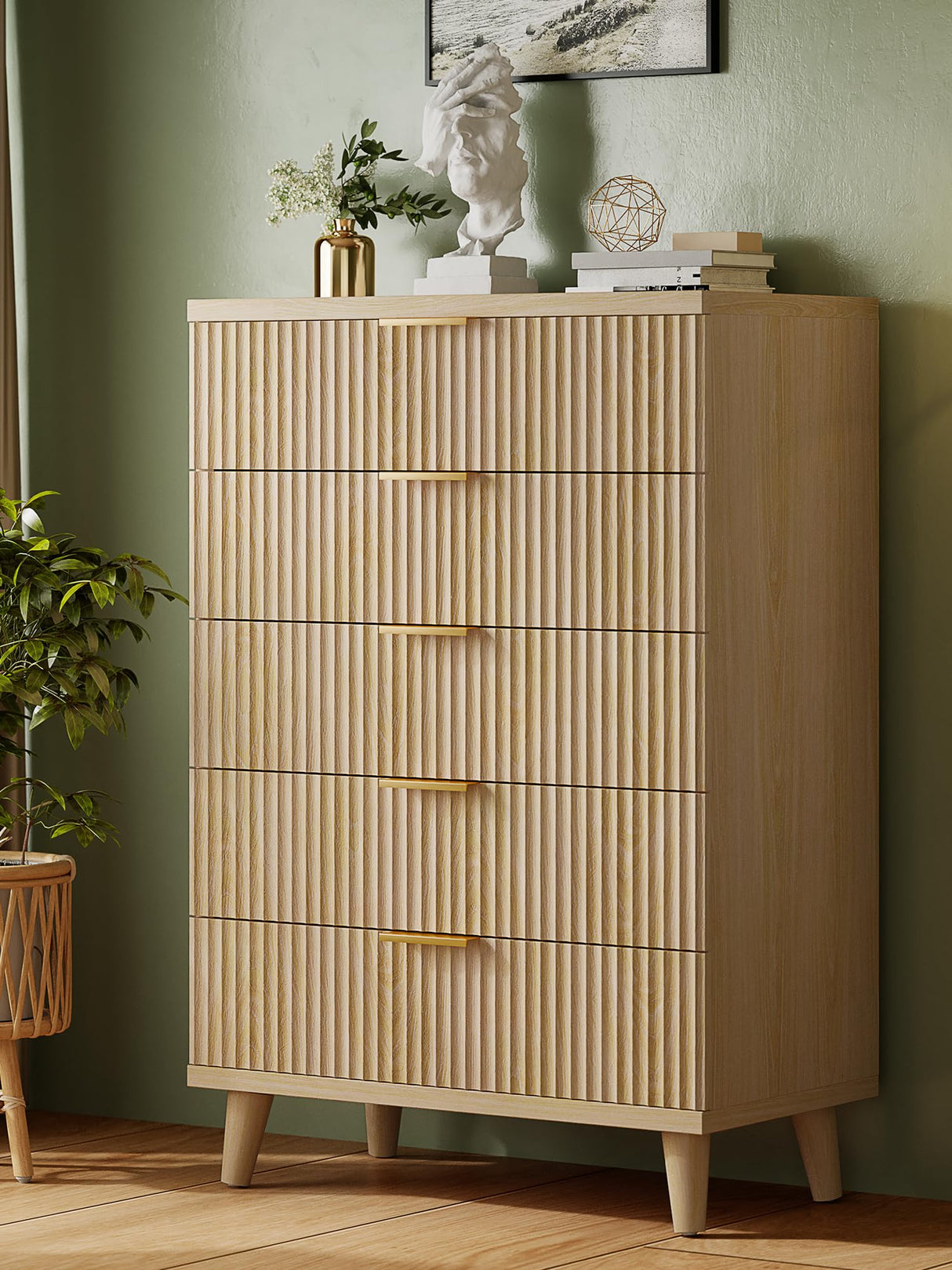 Lulive Dresser for Bedroom Wood Tall Dressers Drawers, Fluted Modern Dresser 5 Drawers Natural Lulive
