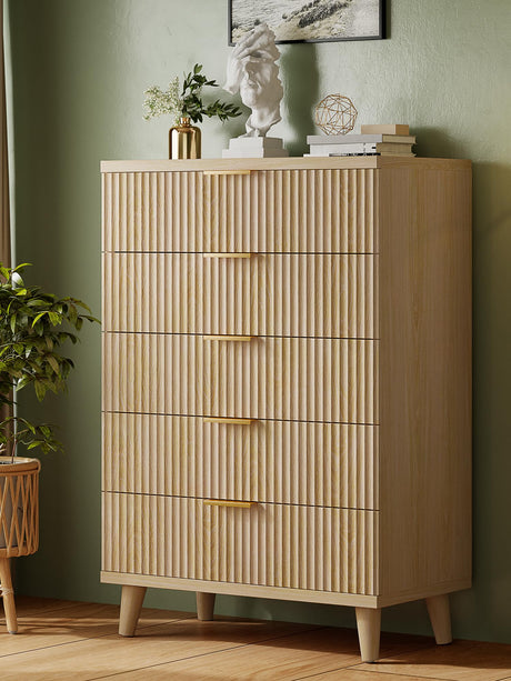 Lulive Dresser for Bedroom Wood Tall Dressers Drawers, Fluted Modern Dresser 5 Drawers Natural Lulive