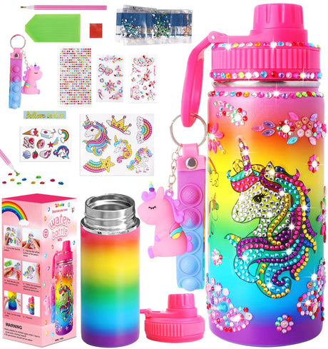 Wninbu Decorate Your Own Water Bottle Kits for Girls,Stainless Steel Unicorn Water Bottle Girls,Arts and Crafts Ages 4-6-8-10,Gem Art Unicorn Toys Gifts Birthday Christmas Stocking Stuffers (Unicorn) Wninbu