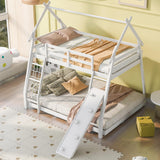 Merax Twin Over Queen House Bunk Bed Frame Solid Wood with Climbing Nets and Climbing Ramp for Boys Girls,Playroom,White Merax