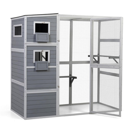 Outdoor Cat Catio, Large Cat Enclosure Cat House Weatherproof, 2 Resting Rooms, 4-Tier Cat Cage Catio for Cats w/ 2 Platforms, Wood Nyeekoy