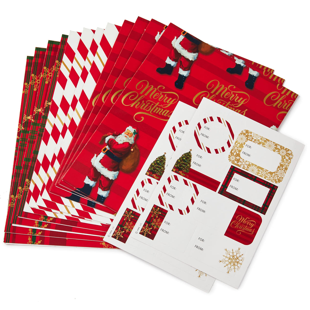 Hallmark Christmas Flat Wrapping Paper Sheets - Red Gift Wrap Paper (12 Folded Sheets with Sticker Seals) Red, White and Gold Stripes, Santa Claus, Snowflakes on Plaid Hallmark