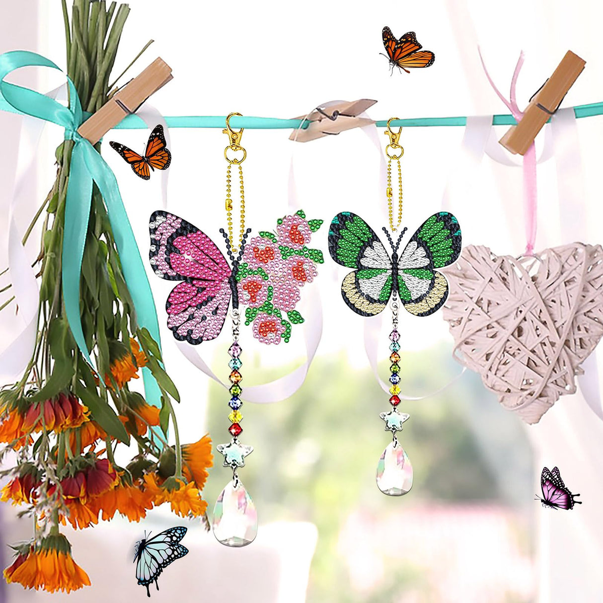 JeCuiK 6 Pcs Butterfly Diamonds Paintings Kits Suncatcher Double Sided Rhinestone Painting Wind Chimes 5D DIY Diamond Painting Kits Paint by Number Crystal Hanging Ornaments Mom Gifts JeCuiK