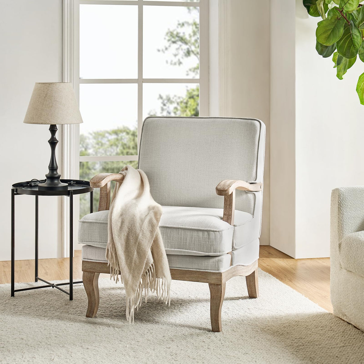 HULALA HOME Mid-Century Modern Accent Chair, Upholstered Living Room Lounge Chair, Lounge Armchair with Romantic Stripes & Solid Wood Legs, Living Room Bedroom Single Sofa Chair (Ivory) HULALA HOME