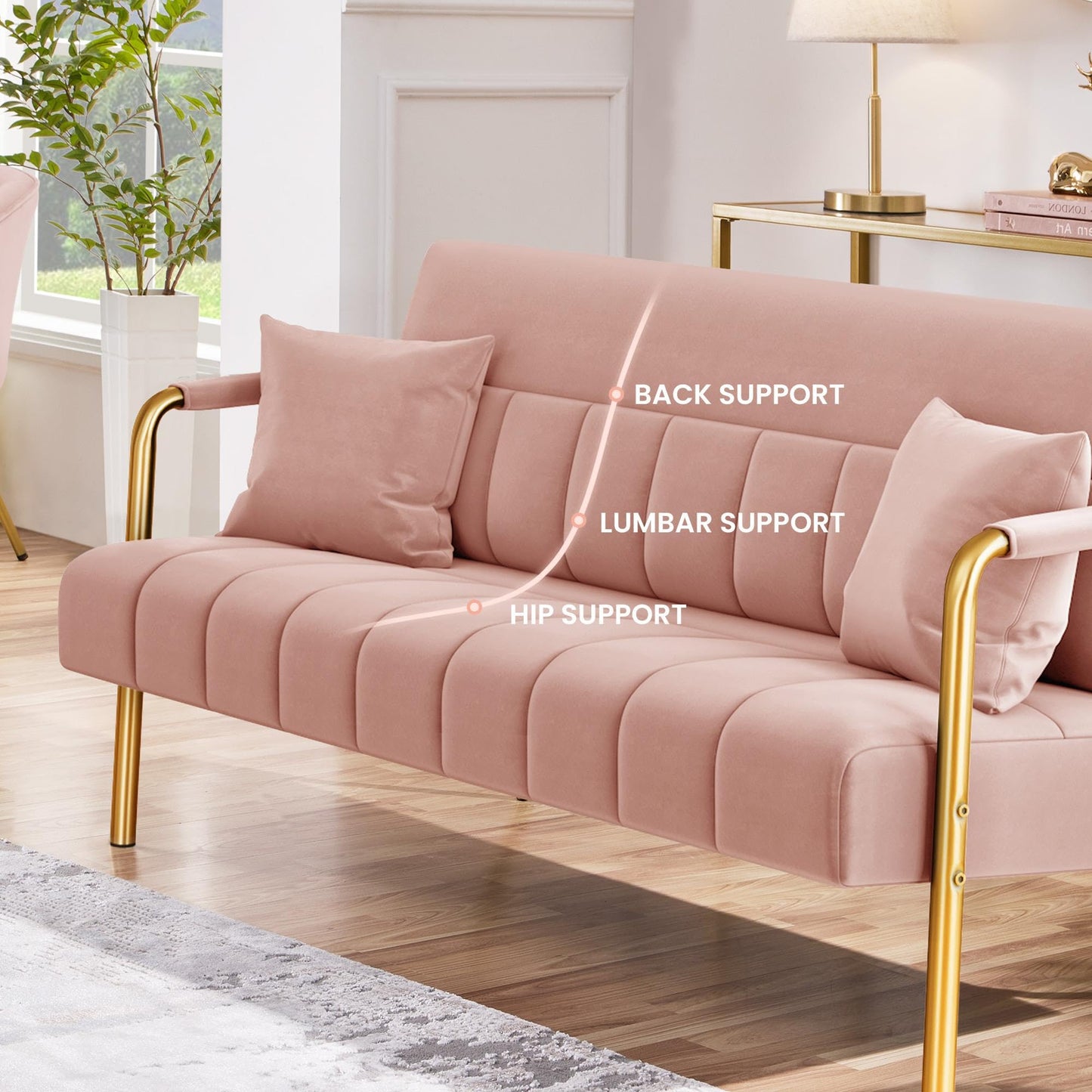 Yaheetech 56.5" W Modern Loveseat 2 Seater Sofa Luxurious Velvet Fabric Couch with Gold-Tone Metal Arms and Legs for Living Room, Home Office, Studio Pink