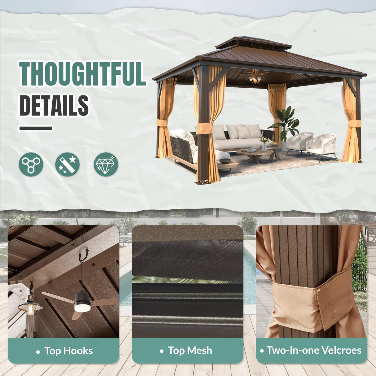 MELLCOM Hardtop Gazebo 10x12, Heavy Duty Galvanized Steel Double Roof with Stylish Vertical Stripes, Nettings and Curtains Included MELLCOM