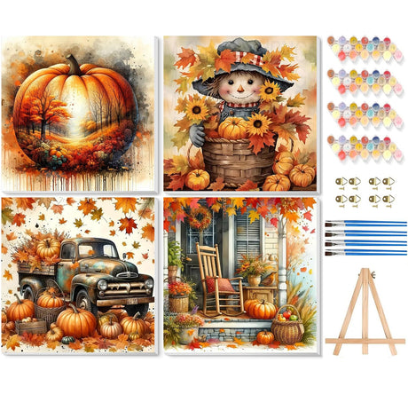 VIGEGU 4 Pack Thanksgiving Paint by Numbers Kit for Adults with Framed,Fall Pumpkin Paint by Number with Wooden Easel DIY Autumn Scarecrow Truck Adult Paint by Number Kits for Wall Decor 10x10in VIGEGU