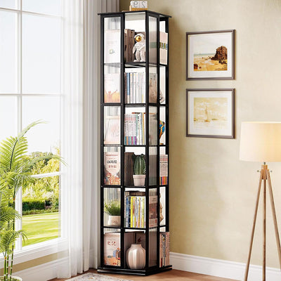 HMBTCRY Rotating Bookshelf, 360 Display Spinning Bookshelf, 6 Tier Rotating Bamboo Bookshelf for Living Room, Bedroom, Study Room (Black)