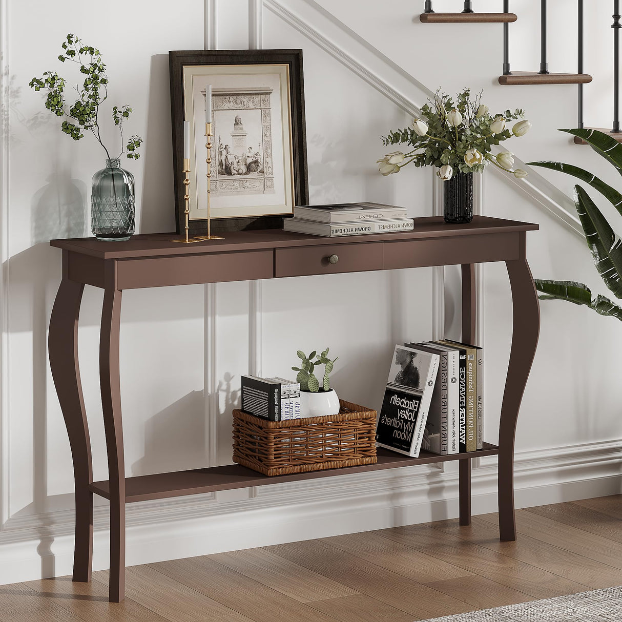 ChooChoo 47 Inch Narrow Console Table with Drawer, Chic Accent Sofa Entryway Table with Shelves for Entryway, Living Room, Hallway, Espresso ChooChoo