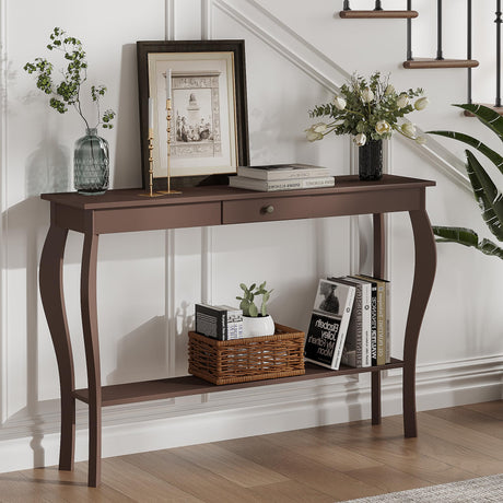 ChooChoo 47 Inch Narrow Console Table with Drawer, Chic Accent Sofa Entryway Table with Shelves for Entryway, Living Room, Hallway, Espresso ChooChoo