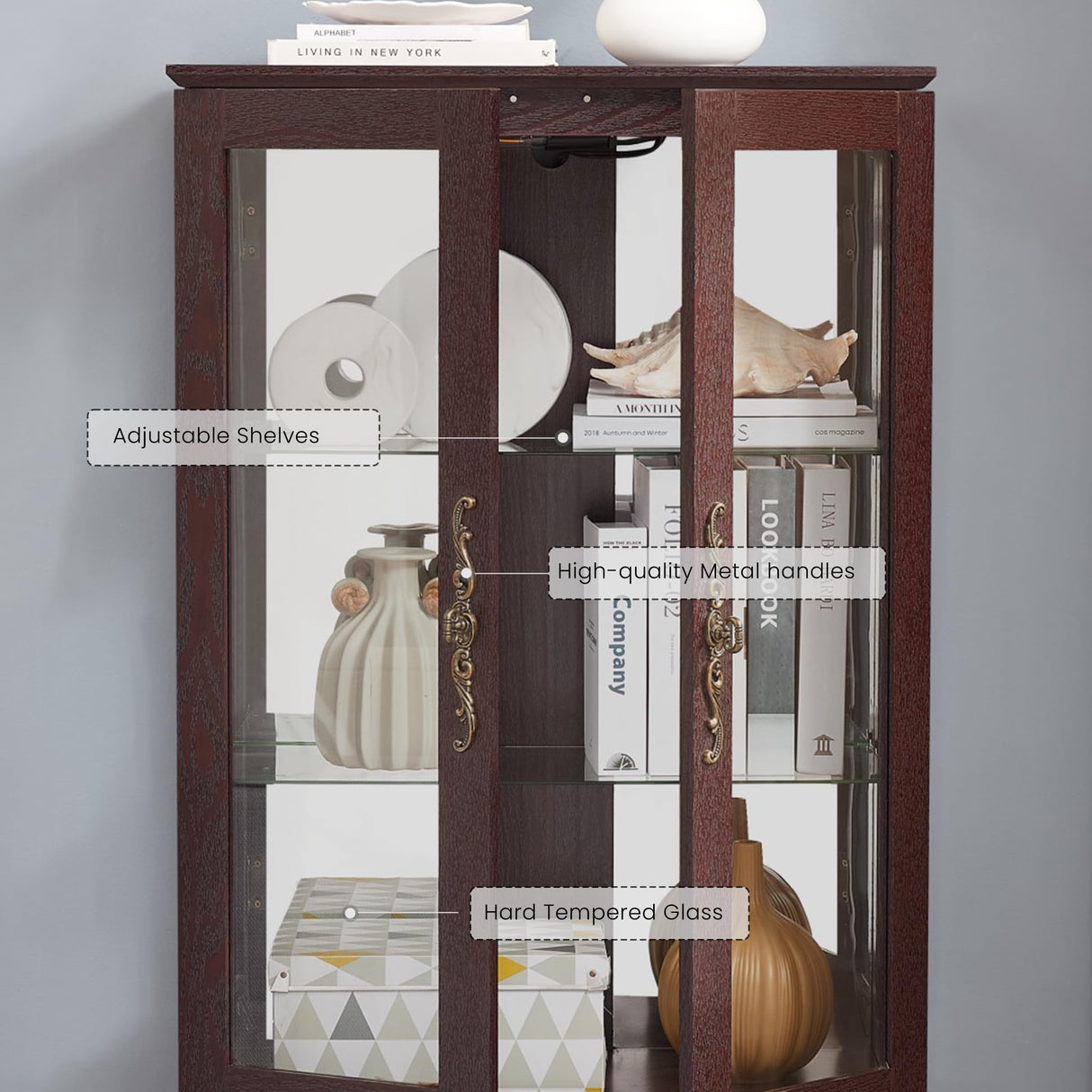 KavlSean 52" H Lighted Display Cabinet, Curio Display Case with 3-Tier Adjustable Shelves, Curio Cabinet with Tempered Glass Doors and Light Bulb, Rack for Living Room Storage (Dark Cherry) KavlSean