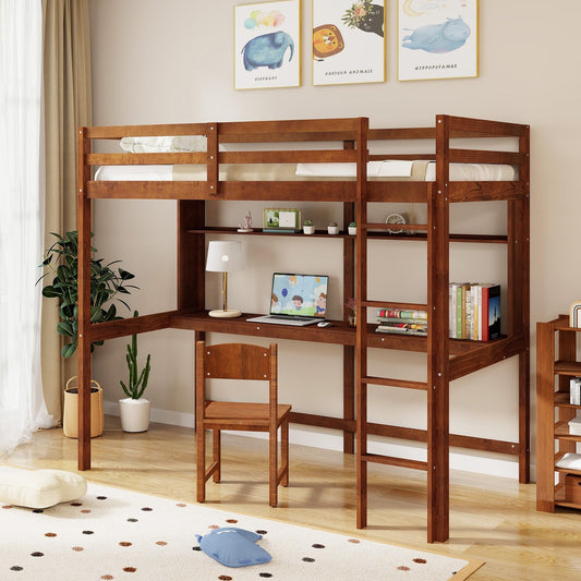 Giantex Walnut Twin Loft Bed with Integrated Desk and Bookshelf for Kids - WoodArtSupply