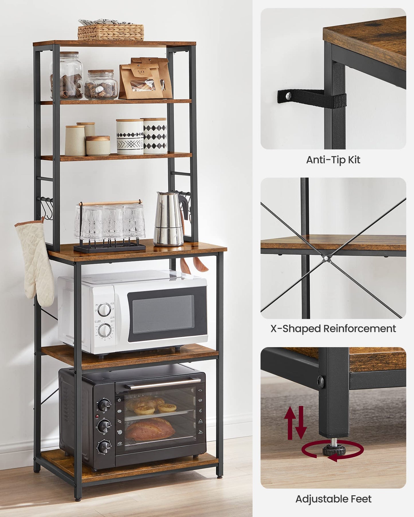 VASAGLE Rustic Brown and Black 6-Tier Kitchen Baker's Rack with Storage and S-Hooks - WoodArtSupply