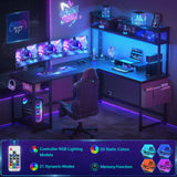 Aheaplus Reversible L-Shaped Desk with Power Outlet, LED Strip, and Storage – Modern Black Gaming & Home Office Solution Aheaplus