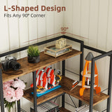 AFLUI Corner Bookshelf with LED Lights & 6 Fabric Drawers, 5-Tier Industrial L-Shaped Bookcase with Acrylic Display Shelf for Living Room, Office AFLUI