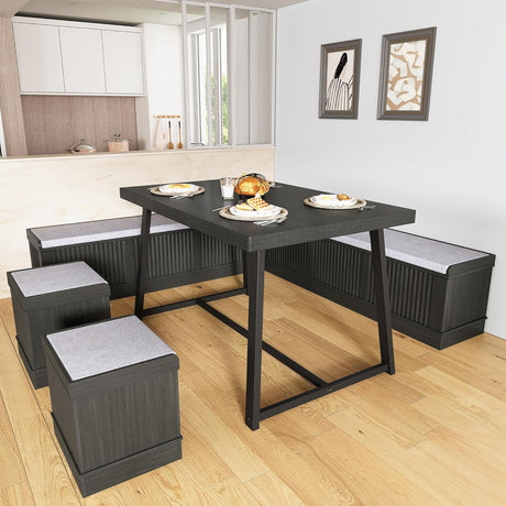XIAO WEI Corner Dining Table Set with Storage Stool and Storage Bench,47 Inch Rustic Brown Breakfast Nook with Banquette Seating,6 Pieces Dining Table Set Corner Booth for Kitchen and Dining Room XIAO WEI