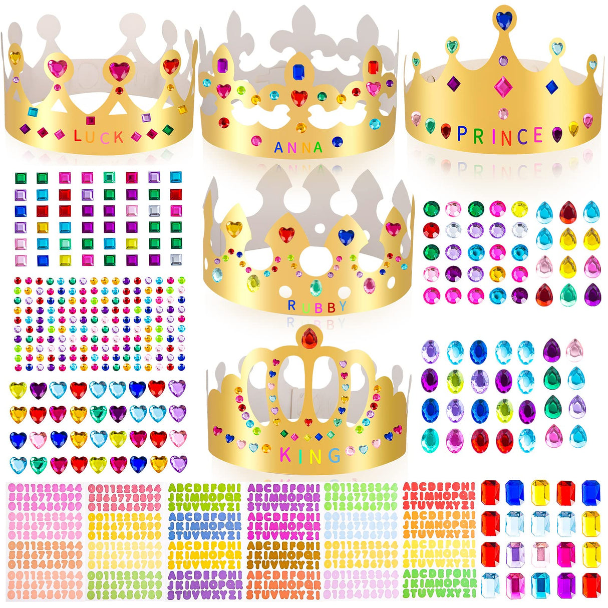 MGZTTHW Gold Paper Crown Set for Kids, DIY Crown Kit with Jewels Gem Number Letter Stickers for Birthday Party Decor and Craft Projects, 15 Pcs Adjustable Crown Hats in 5 Styles MGZTTHW