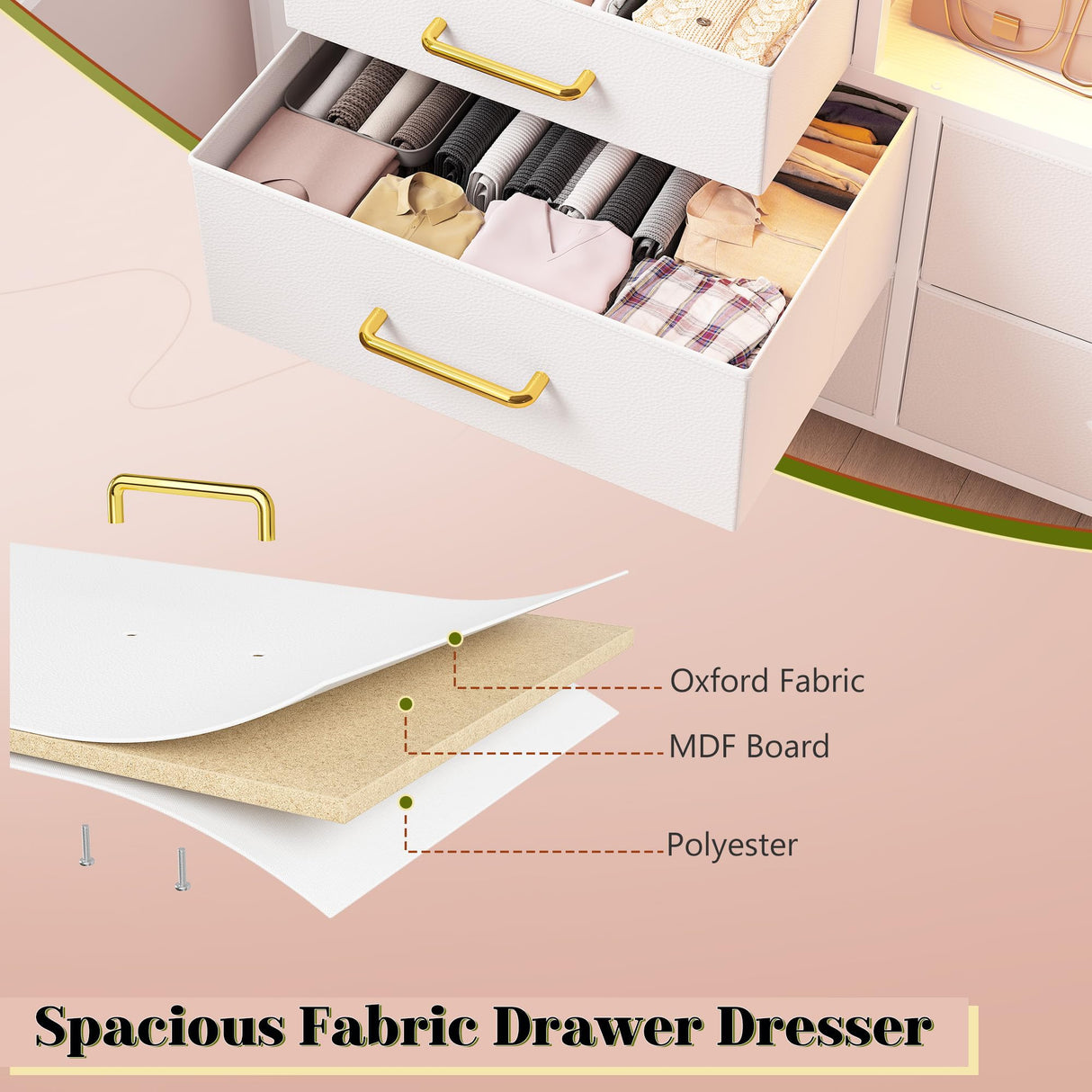 EnHomee White Dresser for Bedroom with 12 Drawers, Fabric Bedroom Dresser with LED Lights & Power Outlets Long Dressers & Chest of Drawers, Sturdy Dresser for Closet, Living Room, Hallway EnHomee