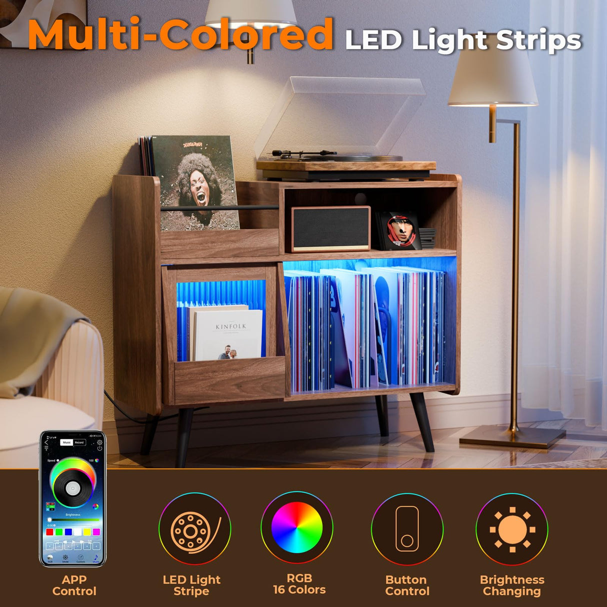 Large Record Player Stand,Turntable Stand Shelf with with Power Outlet and LED Light,Vinyl Record Storage Cabinet Up to 350 Albums, Wood Record Player Holder Table for Living Room,Office Loomie