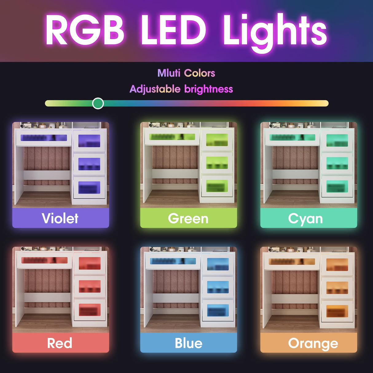 Makeup Vanity Desk with Sliding Mirror and Lights, 4 Drawers & Charging Station, LED Light, Vanity Table with Adjustable Brightness & 3 Colour Light Modes, Dresser Desk and Cushioned Stool Set, White Vabches