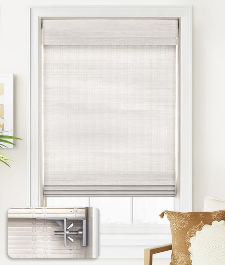 LazBlinds No Tools No Drill Cordless Bamboo Roman Shades, Light Filtering Window Treatment, Roll Up Bamboo Blinds for Window 28'' W x 64'' H, Ceylon Vintage White LazBlinds
