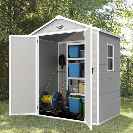 YOFE Outdoor Storage Shed 6x4.4FT, Resin Shed with Floor,Plastic Shed with Floor for Garden Tool,Waterproof Outdoor Resin Shed,Lockable Doors for Patio,Yard,Lawn (LightGray 6x4) YOFE