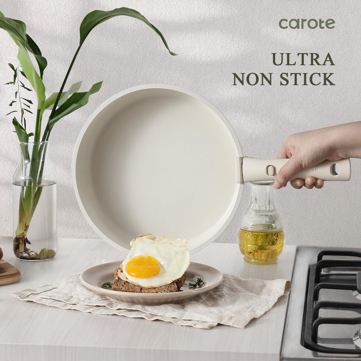 CAROTE 23pcs Pots and Pans Set Non Stick, Cookware Sets, Kitchen Set, Oven/Dishwasher/Fridge Safe, Space Saving Pots Set, Nonstick Set with Versatile Detachable Handle, Induction RV Set, Cream CAROTE