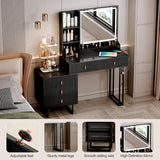 Large Vanity Desk with 3 Color Touch Screen Dimming Mirror, Vanity Desk with Charging Station, Modern Retractable Makeup Dressing Table, Vanity Table With storage shelves and 5 Sliding Drawers, Black YYJ