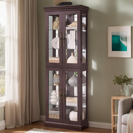 Lighted Curio Cabinet 71" Vintage Glass Display Case with Adjustable Shelves, 4 Tempered Glass Doors, Bulb Included, Wooden Square Wine Bar China Cabinet for Living Room Liquor Storage (Dark Cherry) CKEASEAN