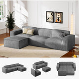 Marsail 111" L-Shape Sofa, Modular Cloud Couches with Deep Seats & High-Back, Corduroy Sectional Sofa for Living Room Bedroom with Ottoman, No Assembly Required, Grey Marsail