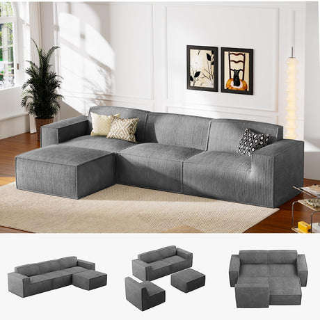 Marsail 111" L-Shape Sofa, Modular Cloud Couches with Deep Seats & High-Back, Corduroy Sectional Sofa for Living Room Bedroom with Ottoman, No Assembly Required, Grey Marsail