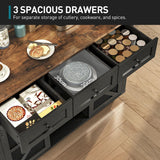 RALGEND Kitchen Island with Storage, Kitchen Cart with Charging Station, Rolling Kitchen Island Table with Drop-Leaf, 3 Drawers, Barn Doors, Towel Rack and Spice Rack, Black and Rustic Brown RALGEND