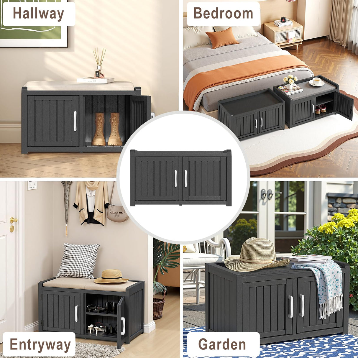 ROJIK Shoe Cabinet Waterproof UV-Resistant,Storage Bench Indoor Outdoor with Adjustable Shelves,for Entryway Bedroom,Hallway,Living Room(Double Door,Black) ROJIK