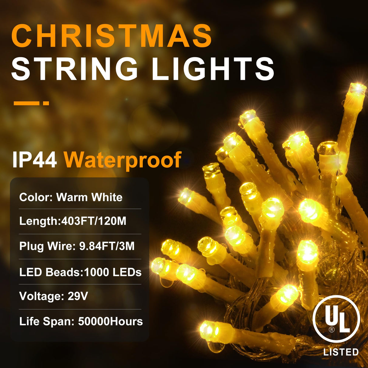 KNONEW 403ft 1000 LED String Lights Outdoor Christmas Lights 8 Modes & Timer Fairy Light Plug in Waterproof LED String Lights for Xmas Yard Tree Wedding Party Holiday Decorations (Warm White) KNONEW