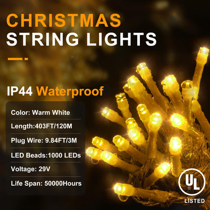 KNONEW 403ft 1000 LED String Lights Outdoor Christmas Lights 8 Modes & Timer Fairy Light Plug in Waterproof LED String Lights for Xmas Yard Tree Wedding Party Holiday Decorations (Warm White)