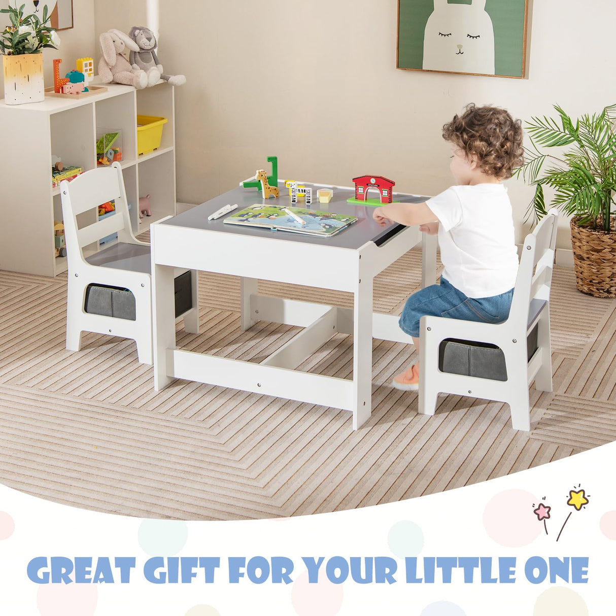 GLACER Kids Table and Chairs, 3 in 1 Wooden Activity Table with Storage, Reversible Tabletop, Chalkboard for Crafts, Drawing, Reading, Toddler Table and Chair Set for Playroom, Easy to Clean(Grey) GLACER