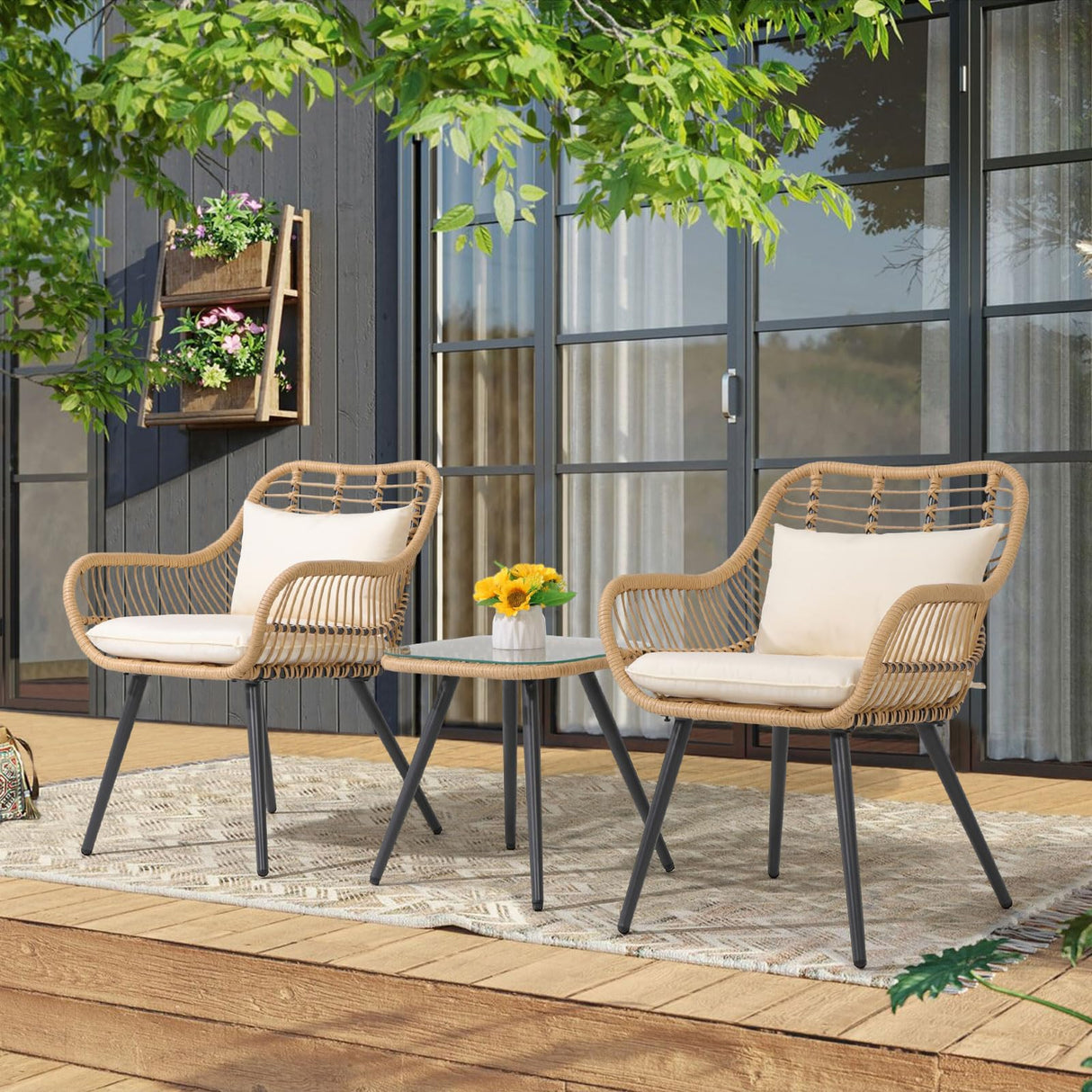 JOIVI 3 Piece Outdoor Wicker Conversation Bistro Set, Patio Furniture Rattan Chairs and Square Side Table Set for Porch, Balcony, Poolside, Yard, White Cushion JOIVI