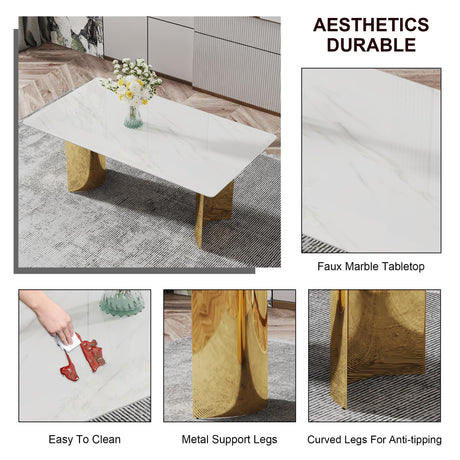 Modern Dining Table for 8,White Marble Kitchen Table with Golden Stainless Steel Base,71'' Gold Dining Table Ideal for Kitchen Dining Room gopop