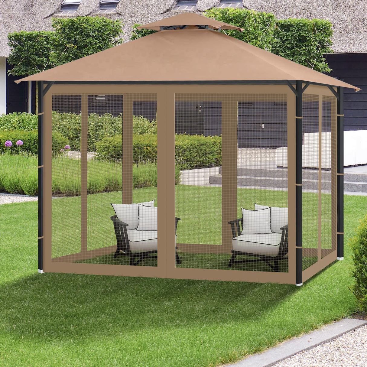 Gazebo Universal Replacement Mosquito Netting, Outdoor Canopy Net Screen 4-Panel Sidewall Gazebo Curtains, with Zippers, Easy to Install, Fit for Most Canopy, Patio, Khaki (10' X 12') WoodArtSupply