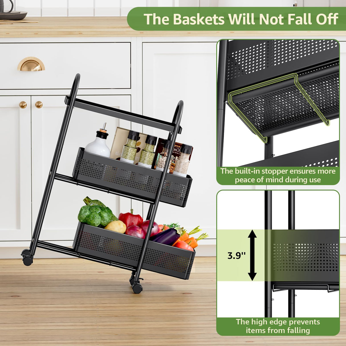 KINGRACK 3-Tier Slim Storage Cart with Pull Out Basket, Rolling Bathroom Organizer Utility, Metal Shelving Unit Slide Out, Lockable Wheels, Easy Assembly for Narrow Place, Kitchen, Laundry Room, Black KINGRACK