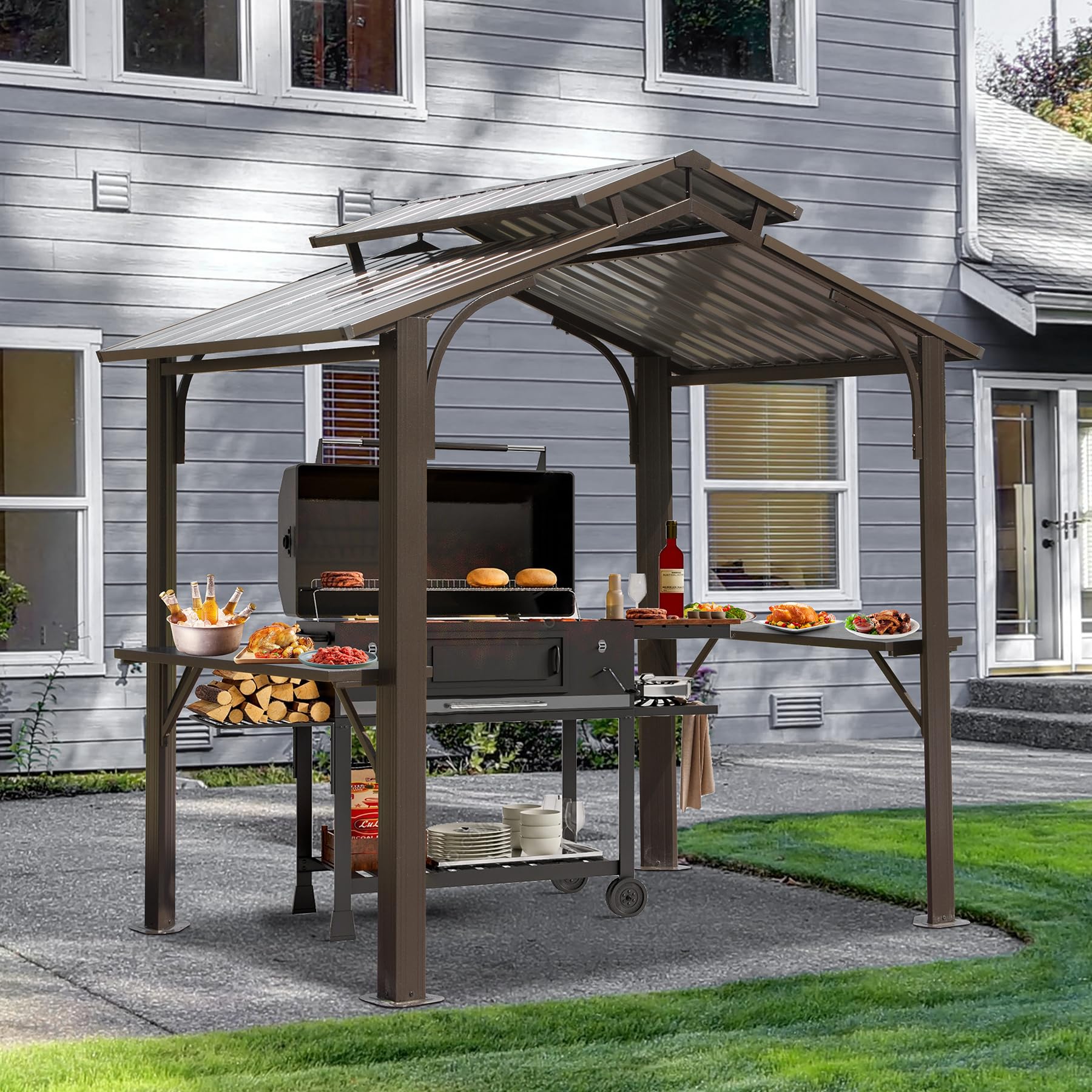 Domi Hardtop Grill Gazebo 8x5FT, Grill Canopy for Outdoor Grill w/Double Galvanized Steel Roof, 2 Side Shelves and Ceiling Hooks, BBQ Gazebo Grill Tent for Patio Garden Backyard, Brown - WoodArtSupply