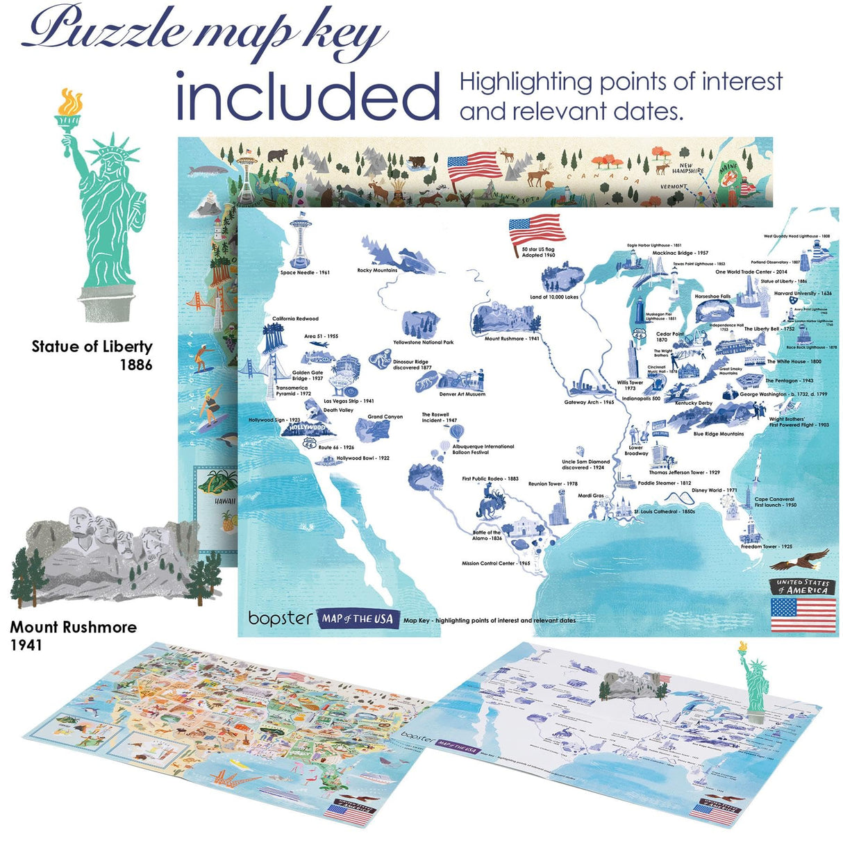 Puzzles for Adults 1000 Pieces - Illustrated US Map Puzzle - United States USA 1000 Piece Puzzle for Adults and Kids Puzzles - 100% Recycled Cardboard by bopster Bopster
